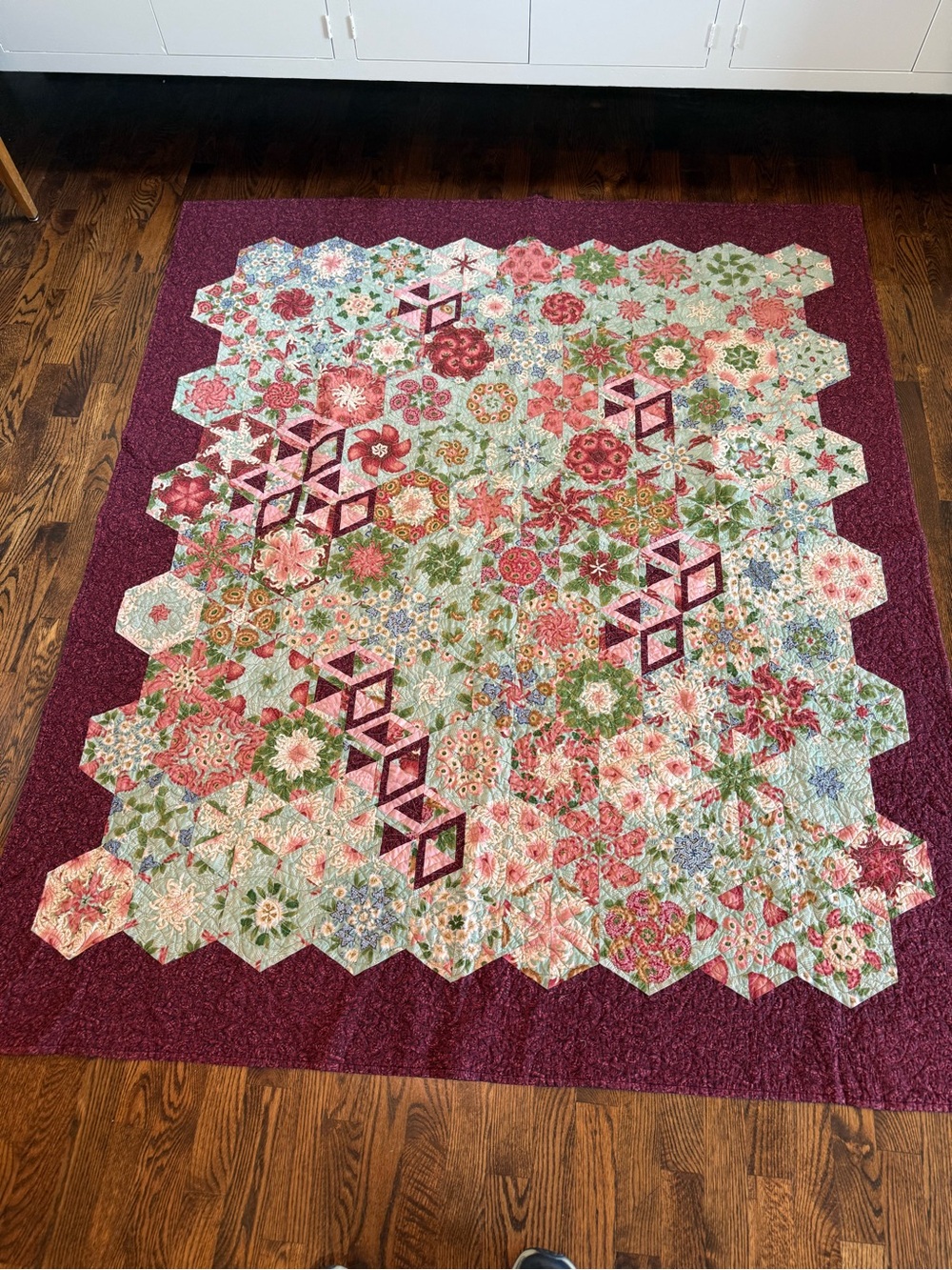 Handmade Floral Hexagon Quilt - Burgundy Border, Multicolor Center